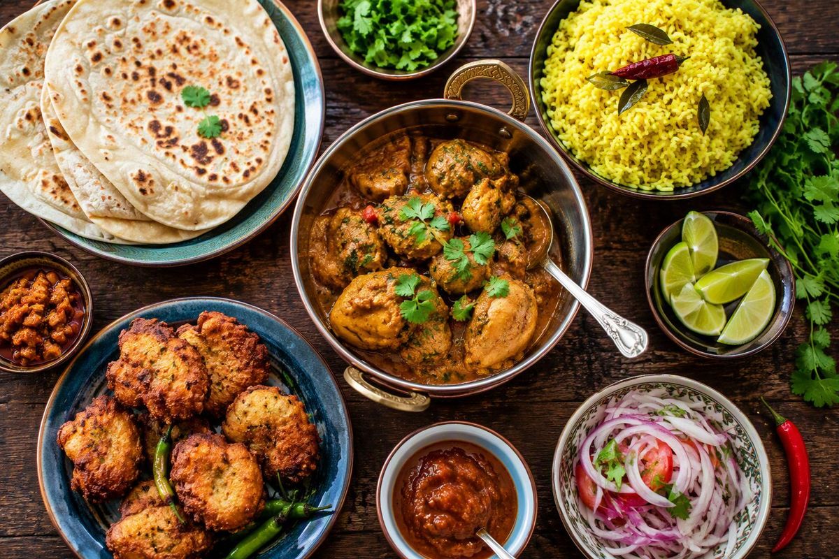 Healthy Mauritian plate with dholl puri, grilled fish and tropical fruit